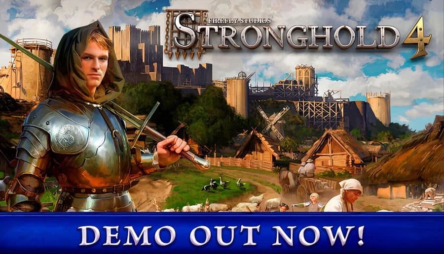 Stronghold 4: armored man grips sword beside wooden palisade, castle walls and scaffolds under blue sky.