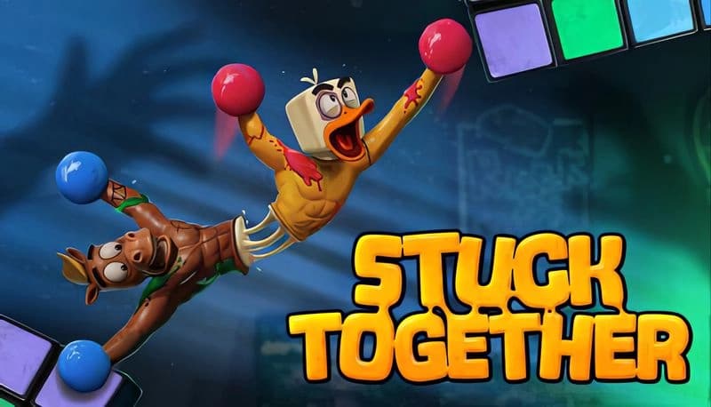 Stuck Together: Conjoined toy duck and horse swing with boxing gloves in attic; colorful blocks and hand shadow loom behind.