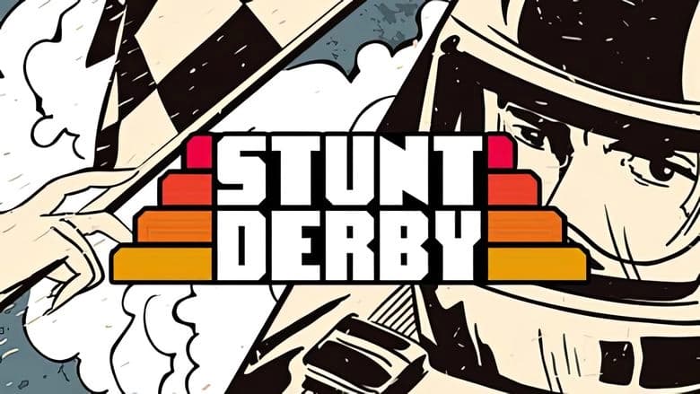 Stunt Derby: Racer in helmet grips steering wheel, smoke billows, checkered flag waves, capturing dynamic race moment.