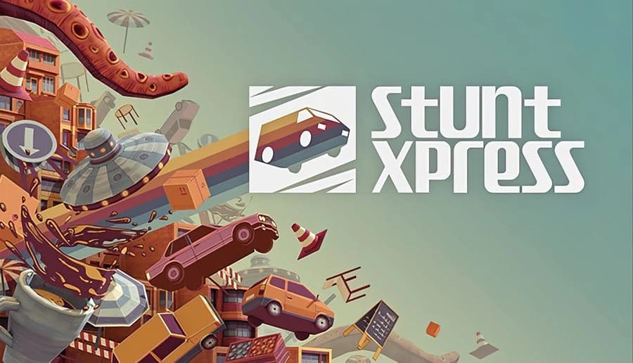 Stunt Xpress: Delivery van launches off a ramp with parcels flying past UFOs and cranes in a busy scrapyard skyline.