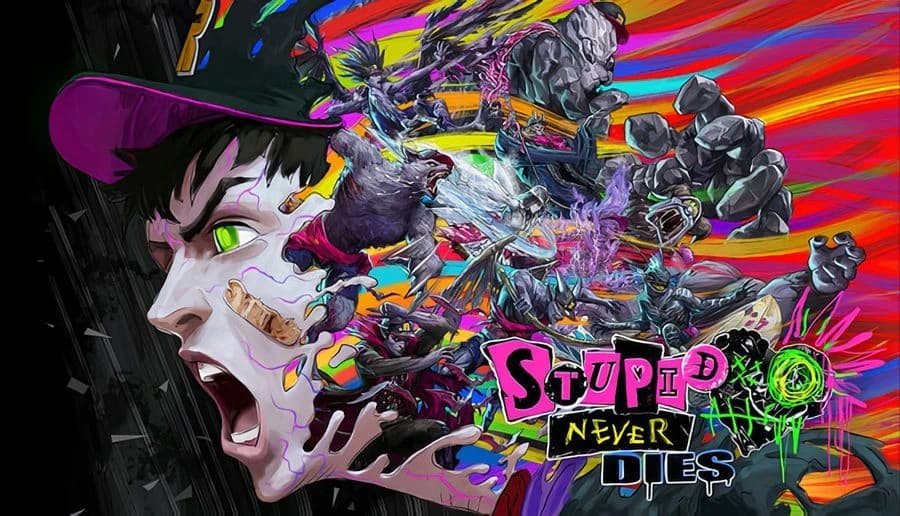 Stupid Never Dies: Screaming man in purple cap with monsters bursting from his mouth on black background.