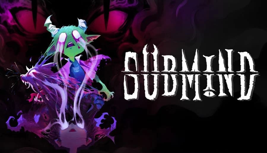 Submind: ghostly horned woman with glowing eyes above a purple mirror shard against swirling black-and-magenta smoke.
