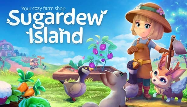 Young girl with straw hat holding a hoe tends to vibrant garden with animals, including geese and a cat.