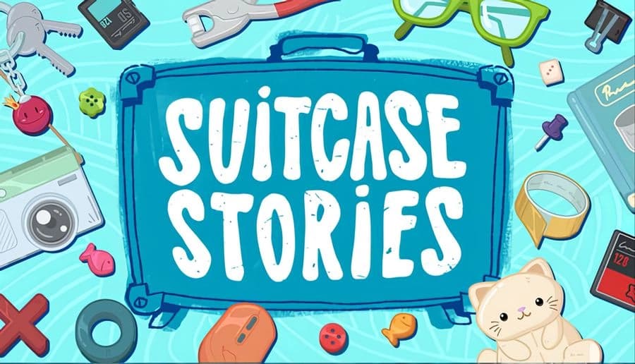 Suitcase Stories: Assorted items surround a vintage suitcase on a blue patterned surface, evoking travel and nostalgia.