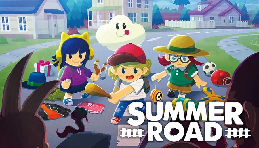 SUMMER ROAD 10-Minute Auto Roguelite: three kids run with gear past monster shadow suburban street and houses.