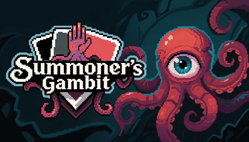 Summoner's Gambit: Pixel art octopus with a single eye on a dark aquatic backdrop, next to a stylized logo with cards.