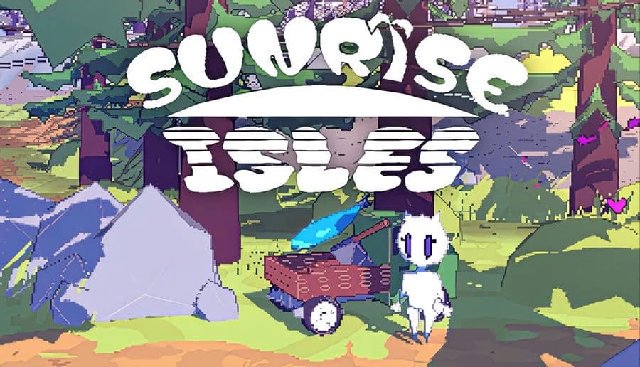 Sunrise Isles: small white creature stands beside red wagon under trees, with a bright waterfall and rocky path behind it.