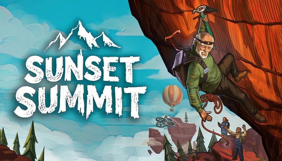 Sunset Summit: climber hangs from red cliff holding rope and ice axe while two teammates climb below, mountains behind.