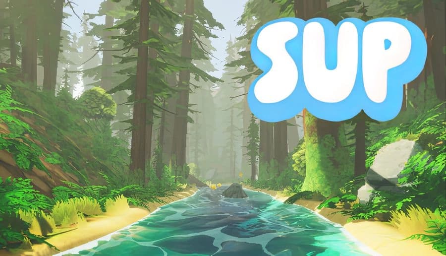 SUP: Paddleboarder rides a fast river past a fallen log in a tall pine forest with sunlight and rocky banks.