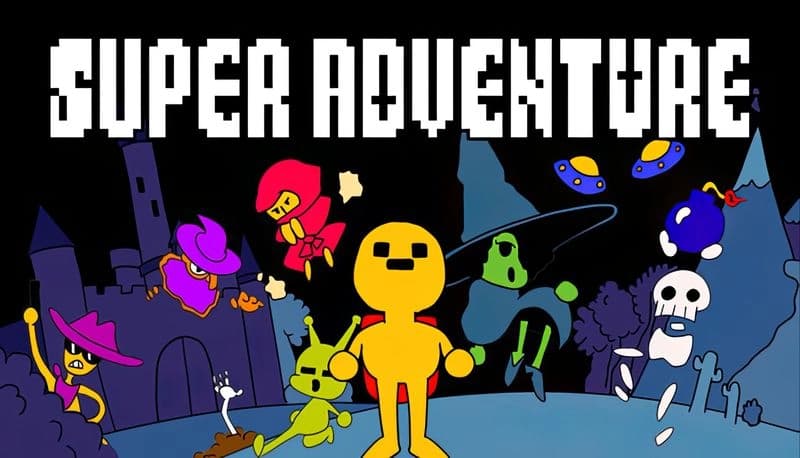 SUPER ADVENTURE: Cartoon figures battle with colorful agents, UFOs hover, set against a moonlit castle backdrop.