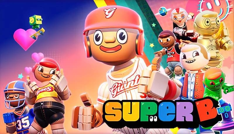 Super-B: Toy figures in sports gear and costumes pose with bright expressions in a colorful, brick-built world setting.