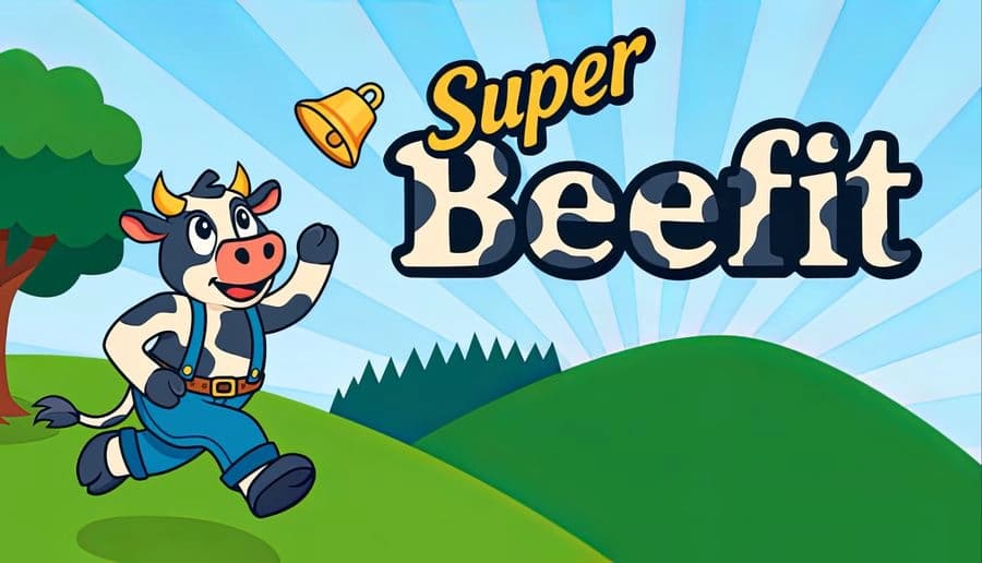 Super Beefit: Smiling cartoon cow hero runs uphill under a floating bell, with tree, hills, and sky background.