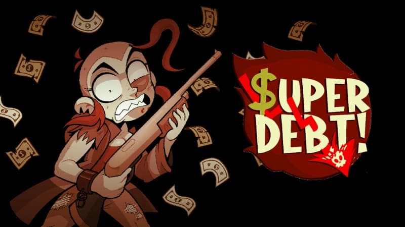 A young woman with a wild expression holds a rifle amid flying dollar bills, capturing urgency and chaos.