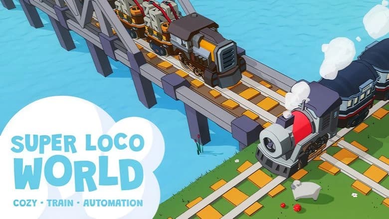 A colorful train crosses a bridge over water, while another train approaches on a grassy track with flowers and a sheep.