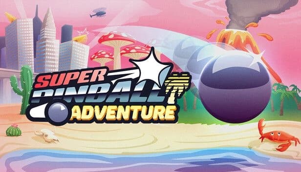 Super Pinball Adventure: Giant pinball rolls on beach with volcano, skyscrapers, giant mushrooms, cactus, and crab.