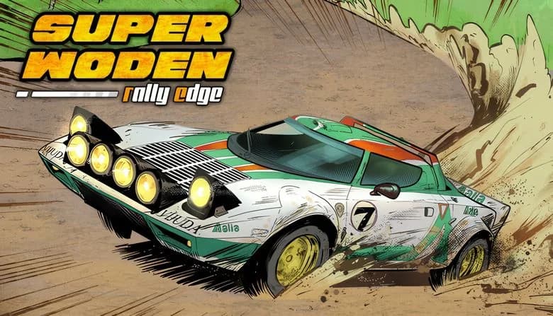 Super Woden: Green and white #7 rally car with fog lamps drifts on dirt track, kicking up dust in a dynamic race scene.