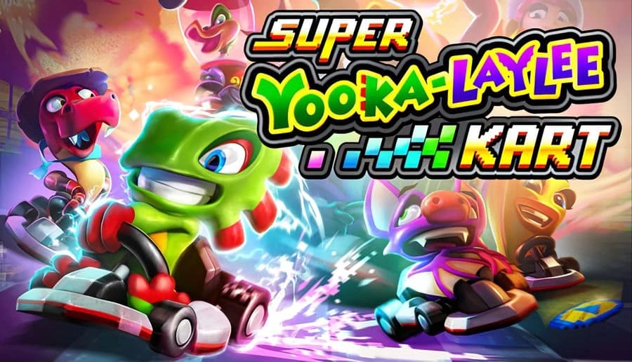Super Yooka-Laylee Kart: Green chameleon drives a kart with purple sparks, dinosaur and robot racers on neon track.