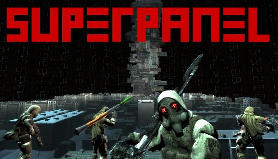 SUPERPANEL: Four soldiers aim rifles at a hulking armored figure with red eyes in a dark industrial chamber.
