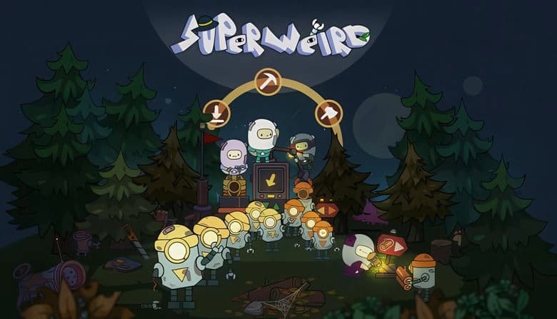 SuperWEIRD: Robots with mining helmets gather in a forest setting, following flag commands, under a starry night sky.