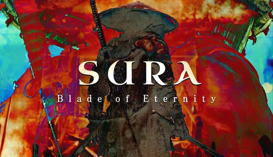 SURA: Samurai in straw hat holds a red katana on shoulder against a red-blue watercolor background with speckles.