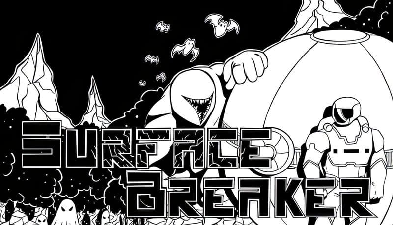 Surface Breaker: Armored astronaut stands by massive orb, surrounded by alien foes under jagged mountains.