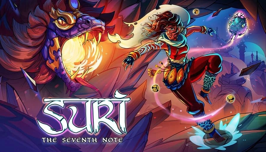 SURI: Young woman in teal and red outfit leaps forward holding a weapon beside roaring dragon on rocky cliffs at dusk.