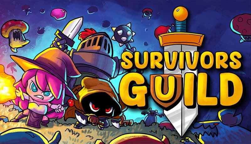 Survivors Guild: Young pink-haired witch and hooded figure with sword confront monsters in colorful, mushroom-filled landscape.