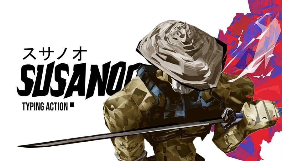Susanoo: Armored samurai in straw hat grips a katana in front of bold red and blue paint splashes backdrop.