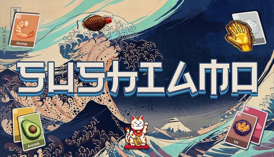 Sushiamo: Stylized wave with Mount Fuji, scattered sushi cards, and two nigiri pieces on a blue sea backdrop.