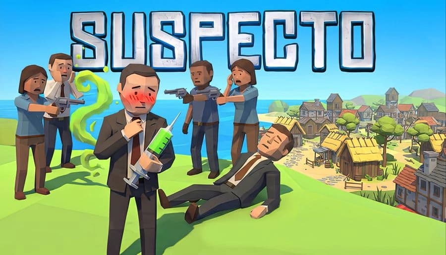 SUSPECTO: Embarrassed man holds syringe as armed agents aim, overlooking village by sea with colorful houses and wooden docks.