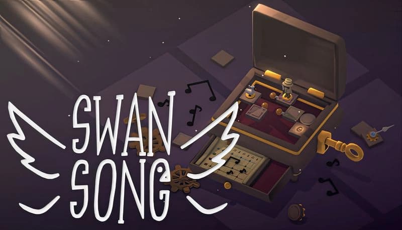 Swan Song: Open music box with scattered musical notes and cogs, a golden key on a dark surface under soft light beams.