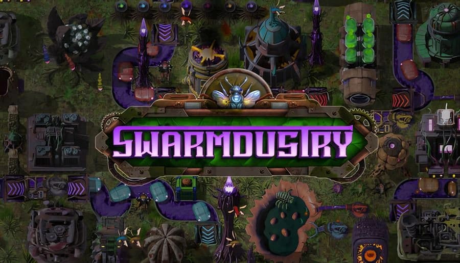 Swarmdustry: Purple biomechanical factory pipes and tanks around a central metal sign, top-down industrial map.