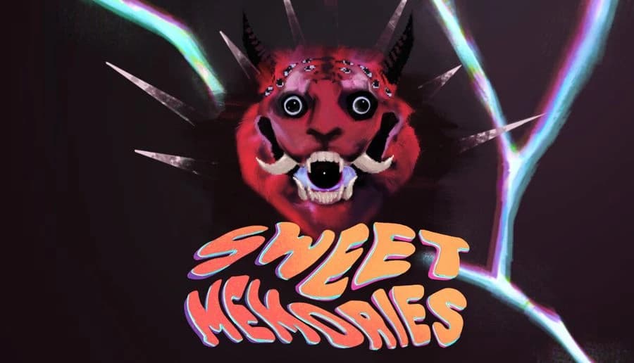 Sweet Memories: red horned monster mask with wide eyes and open mouth, surrounded by sharp spikes on dark backdrop.