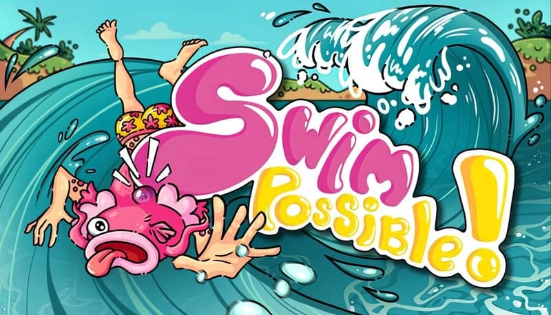 Swimpossible!: A man with colorful shorts struggles underwater, limbs flailing, with a large wave and islands in the background.