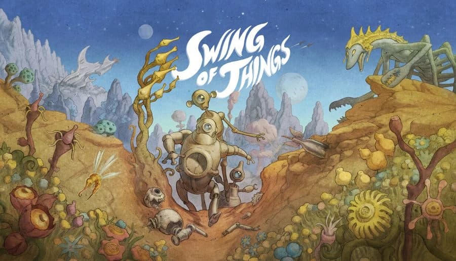 Swing of Things: robot with long arm reaching out as pterodactyl flies nearby over rocky hills under starry sky.