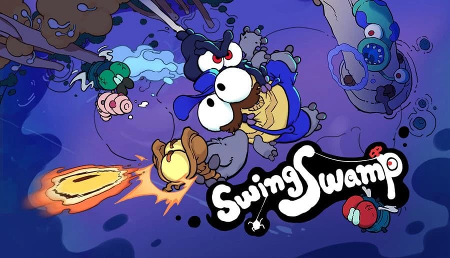 Swing Swamp: bug-eyed monkey swings on vines firing a blaster at a fly amid purple swamp trees and moonlit sky.