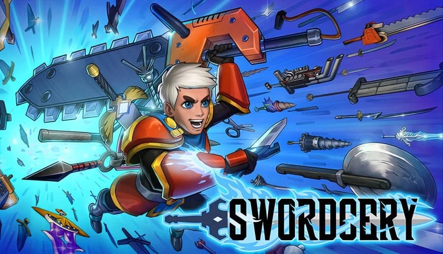 Swordcery: White-haired young man in red armor lunges with sword amid floating weapons in blue stormy sky.
