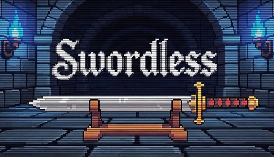 Swordless: Pixel sword blade rests on a stand with gold hilt nearby in a stone dungeon hall with blue torches.