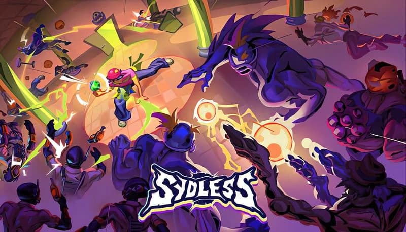 Sydless: Diego punches a glowing ball amid chaos, surrounded by futuristic figures in a distorted restaurant setting.