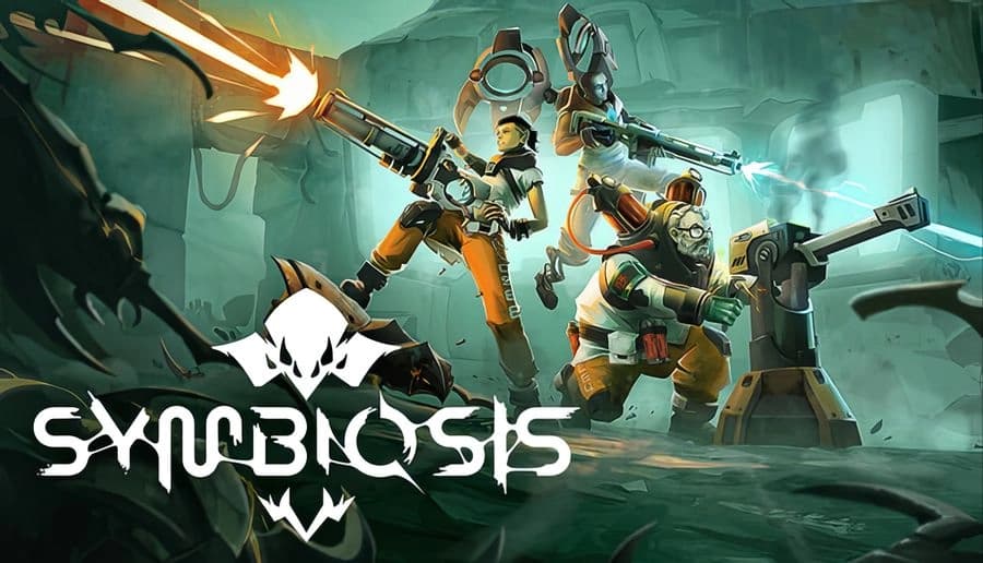 Symbiosis: Three armored soldiers fire sci-fi guns at foes in a ruined alien facility with debris and smoke around.