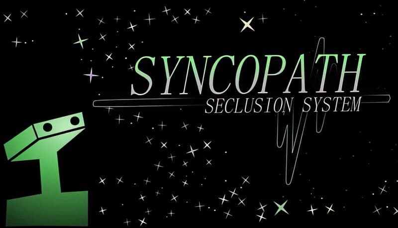 SYNCO PATH: Green robot in bottom left gazes at starry black backdrop filled with floating stars, creating a cosmic scene.