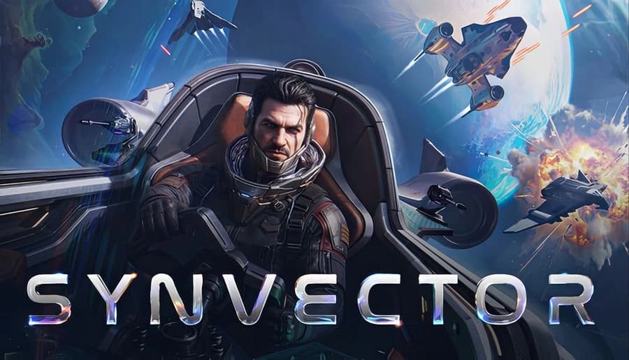 Synvector: Stern male pilot in cockpit grips controls as fighters and missiles streak through a blue space battle scene.