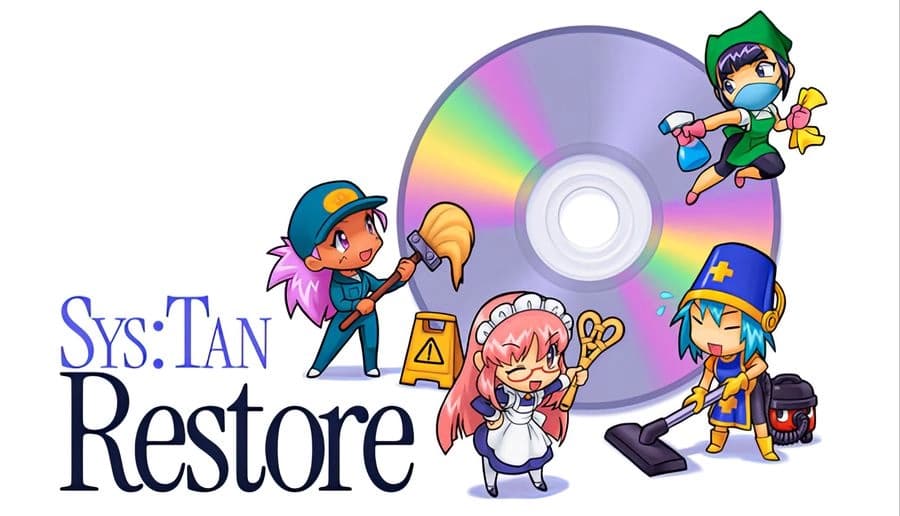 sys: Three cartoon workers with tools stand before a giant CD, with mop bucket, broom, and vacuum in a white space.