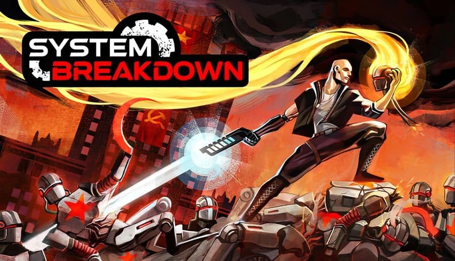 System Breakdown: Woman firing energy cannon at red-eyed robots amid explosions Ruined city street with Soviet mechs.