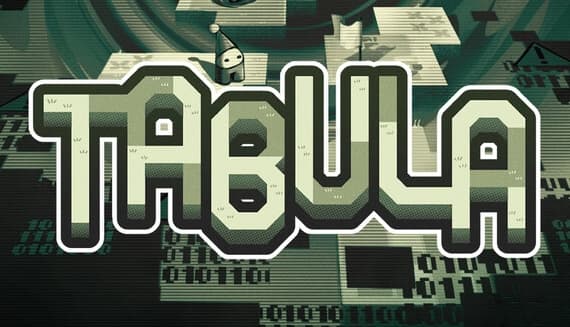 Tabula: Cartoon robot with a cone hat stands on a floating platform surrounded by digital grids and abstract patterns.