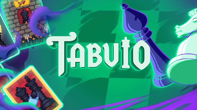 Floating chess pieces and cards with swirling mist on a vibrant, colorful chessboard backdrop.