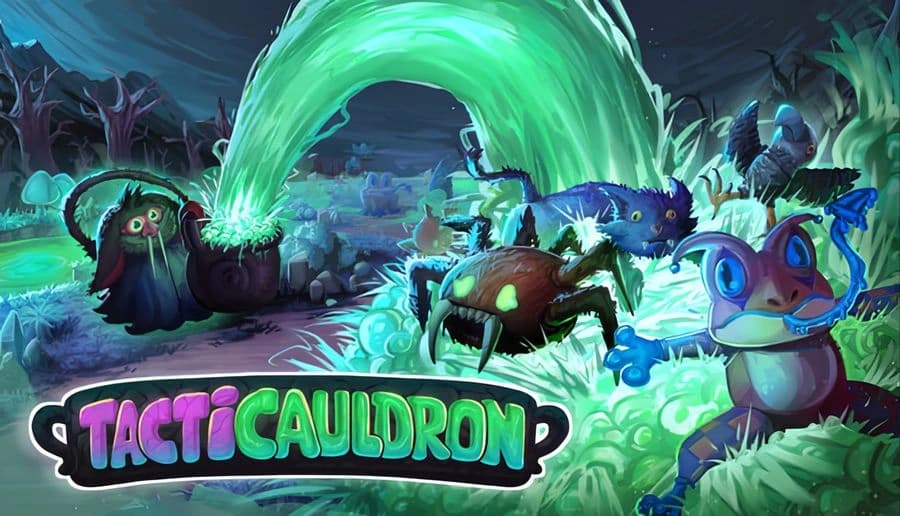 Tacticauldron: monster team circles bubbling cauldron blasting green magic in a glowing swamp with ruins and trees.