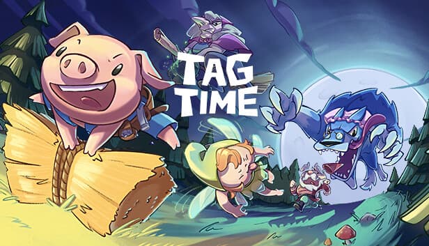 TagTime: A happy pig and fairy escape a wolf monster in a forest under a bright full moon. Cartoon style, vibrant colors.