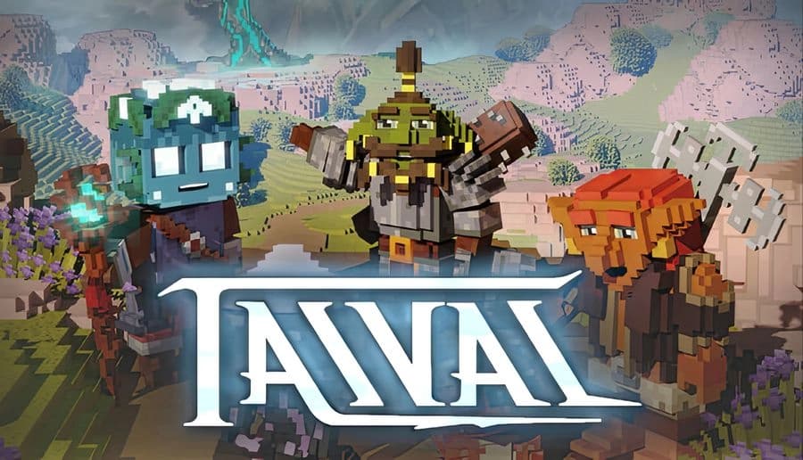 Taival: Green goblin warrior holding a glowing staff beside a smiling bear cub in a red flower field under blue sky.