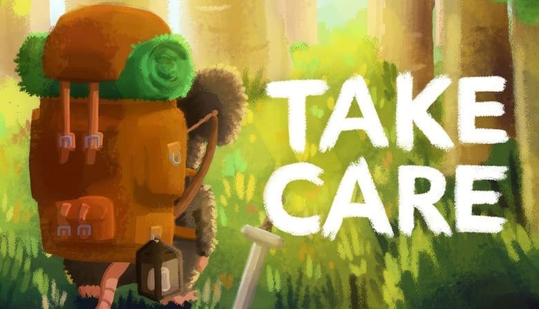 A mouse with an orange backpack stands in a sunlit forest clearing, sword planted in the ground nearby, tall trees around.